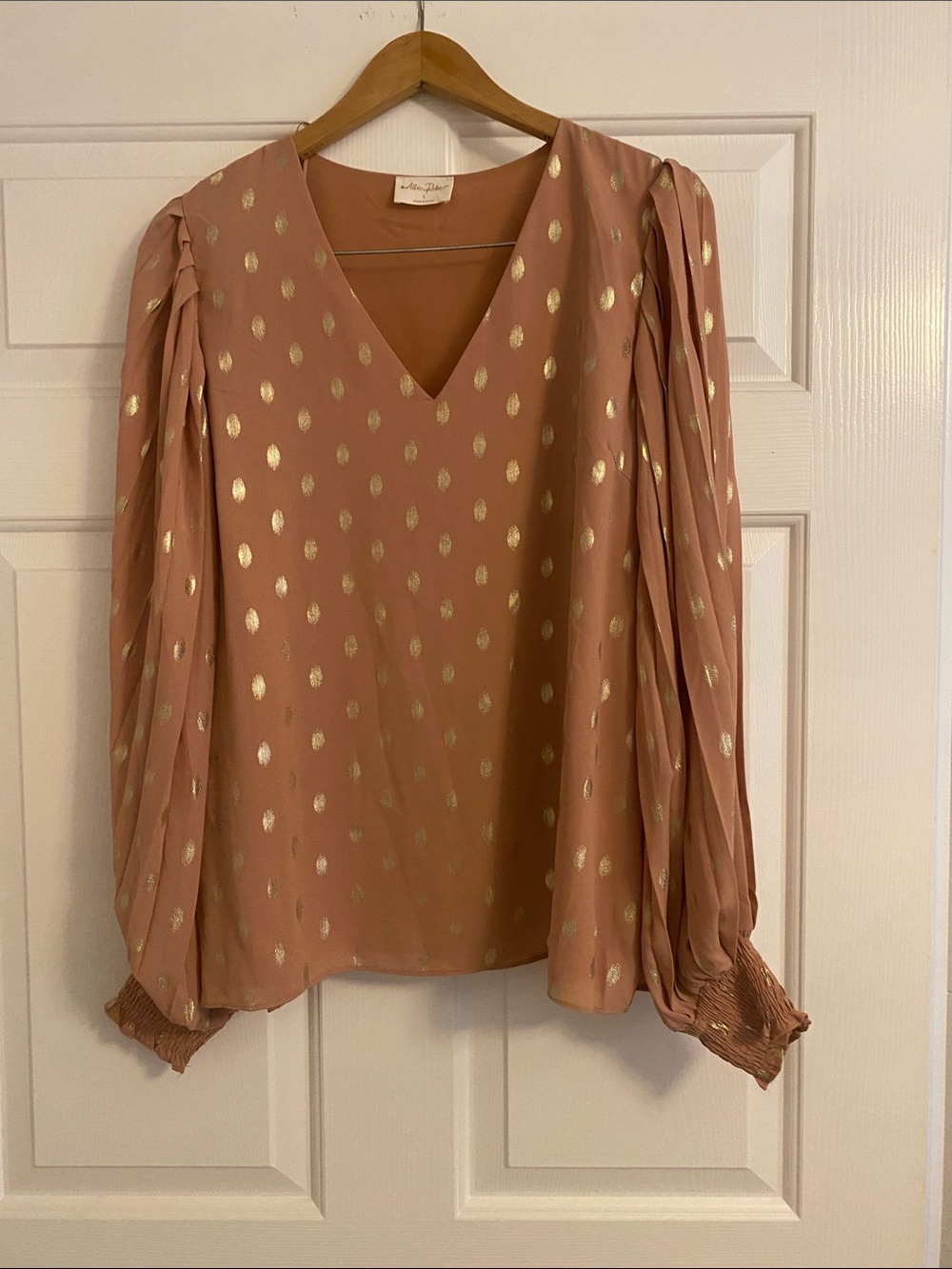 Maeve Rose Pink V-Neck Blouse with Gold Dot Print